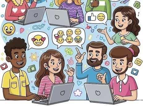 A group of cartoon bloggers are happily interacting and using laptops, surrounded by various emoji and social media icons.