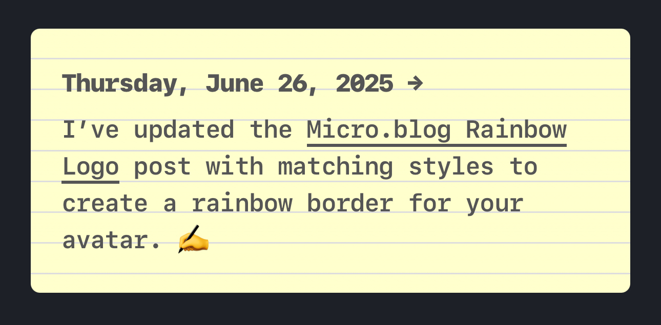 A note that mentions updating the Micro.blog Rainbow Logo.