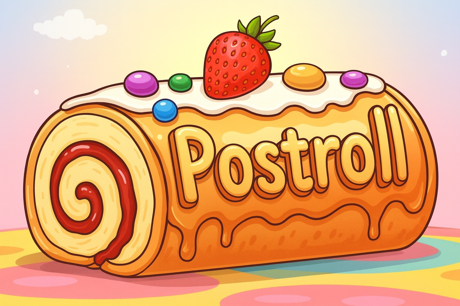 A whimsical cake roll decorated with icing, colorful candies, and a strawberry is labeled with the word Postroll.